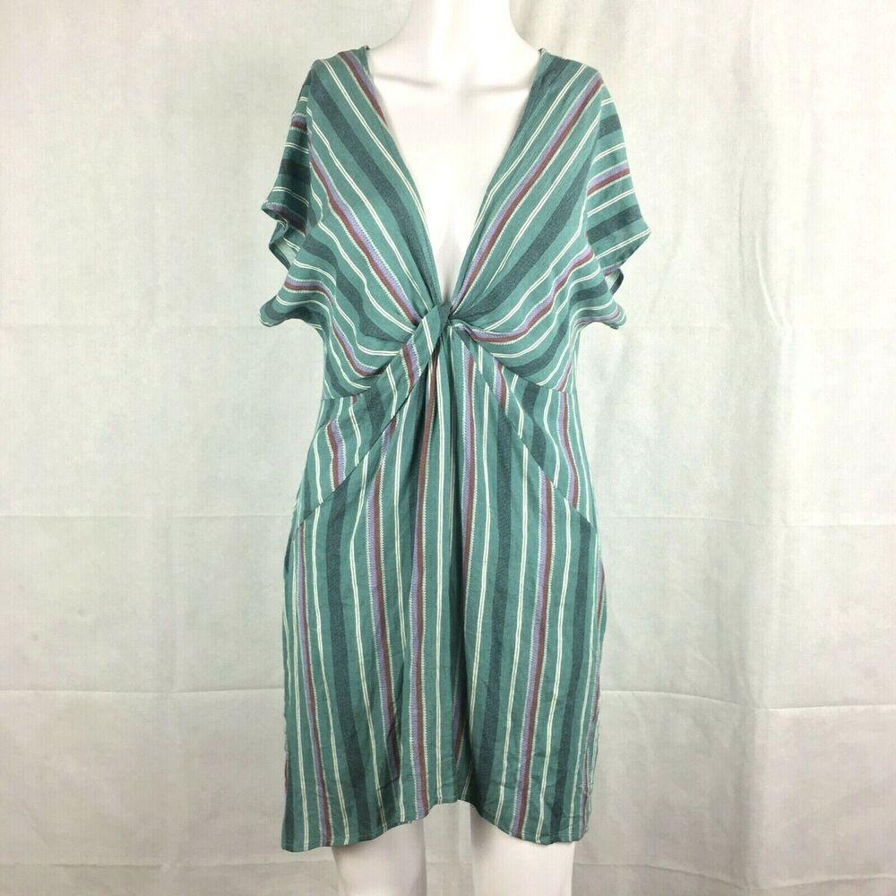 Buckle Black Dress Women Sz S Green Blue Striped Twist Front Short Sleeve Tunic